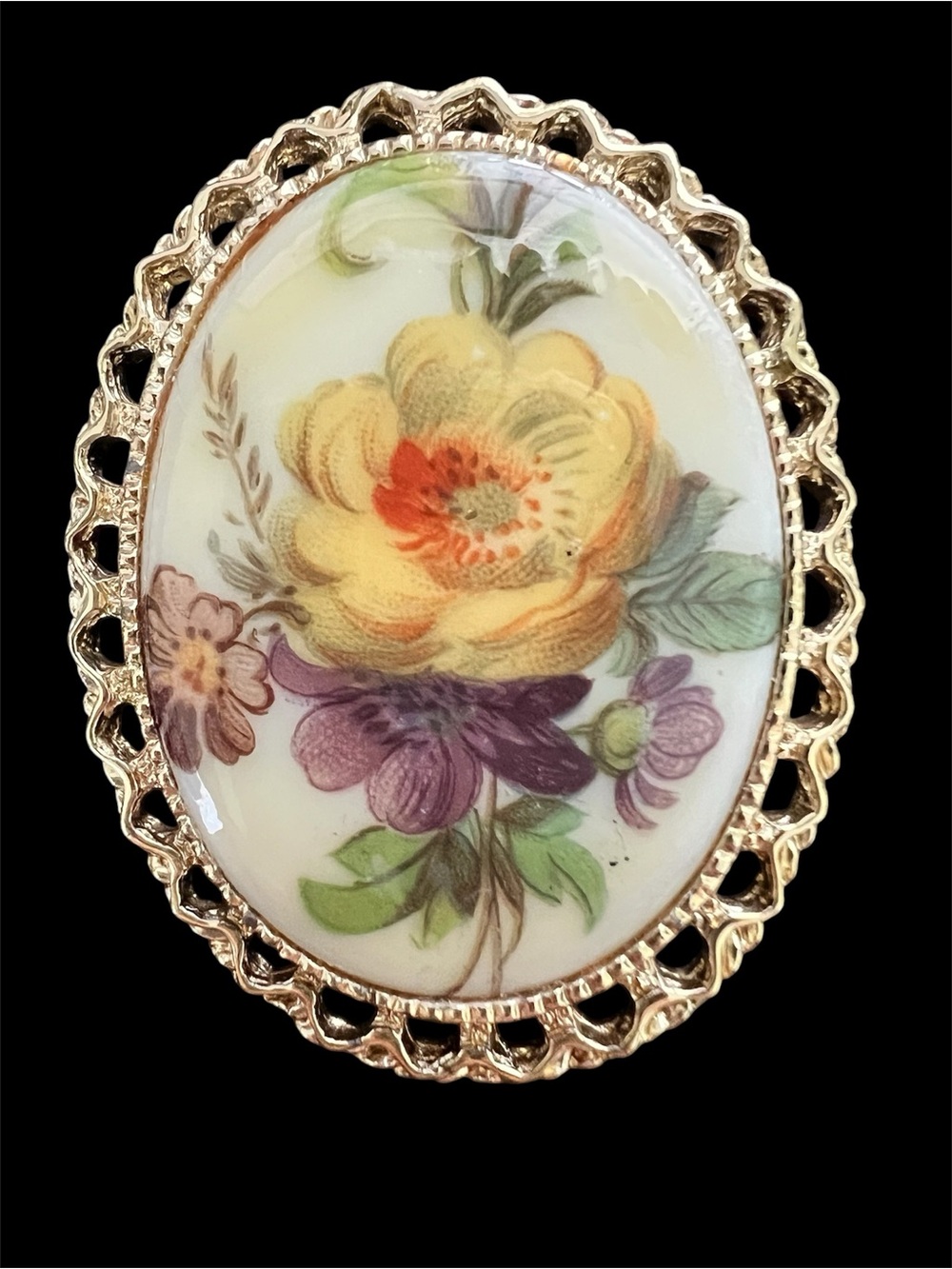 Vintage Floral Brooch with Gold-Tone Filigree Frame
